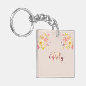 Waterverf Roze Gele Rozen, Monogram Sleutelhanger (Voorkant Links)
