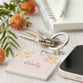 Waterverf Roze Gele Rozen, Monogram Sleutelhanger (Voorkant Rechts)