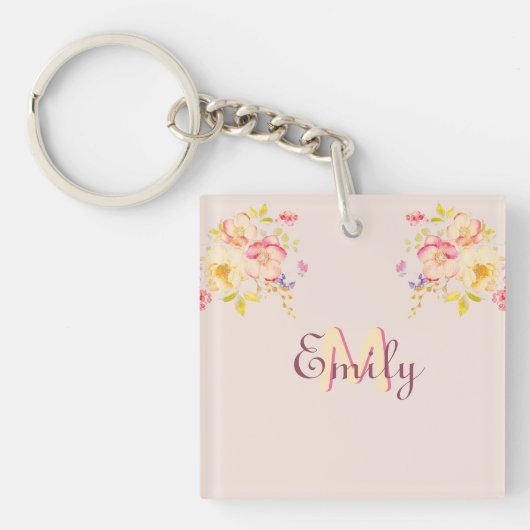 Waterverf Roze Gele Rozen, Monogram Sleutelhanger (Voorkant)