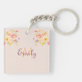 Waterverf Roze Gele Rozen, Monogram Sleutelhanger (Achterkant)