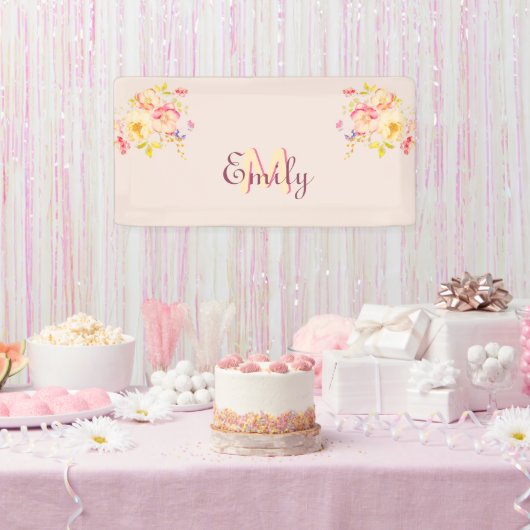 Waterverf Roze Gele Rozen, Monogram Spandoek (Feest)
