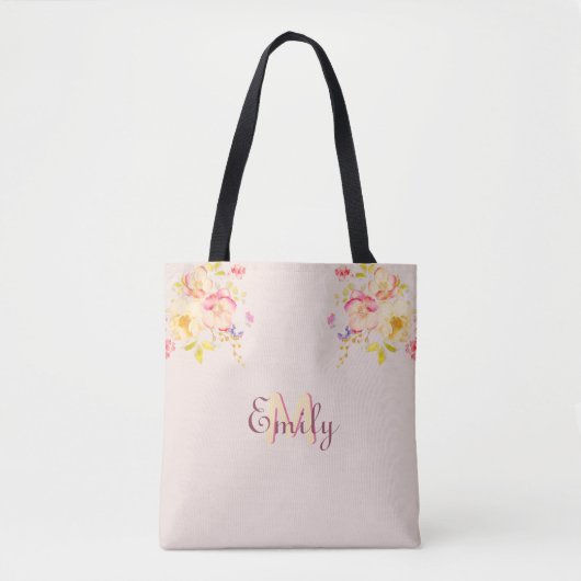 Waterverf Roze Gele Rozen, Monogram Tote Bag (Voorkant)