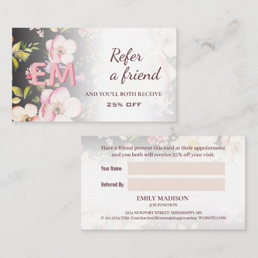 Waterverf Roze Gele Rozen op zwart, Monogram Aanbevelingskaartje (Voorkant / Achterkant)