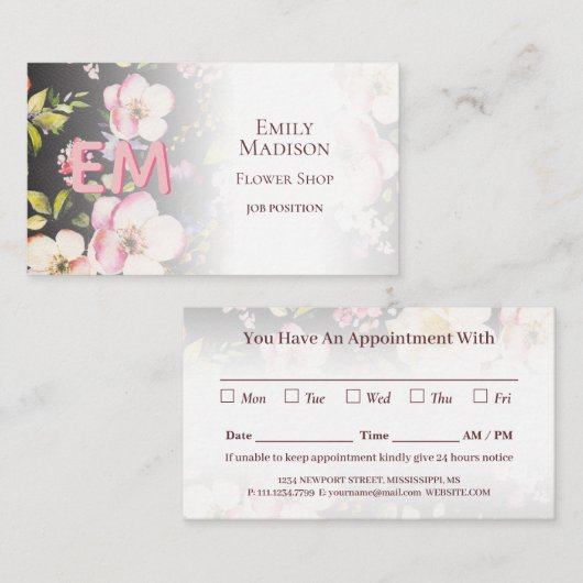 Waterverf Roze Gele Rozen op zwart, Monogram Afsprakenkaartje (Voorkant / Achterkant)