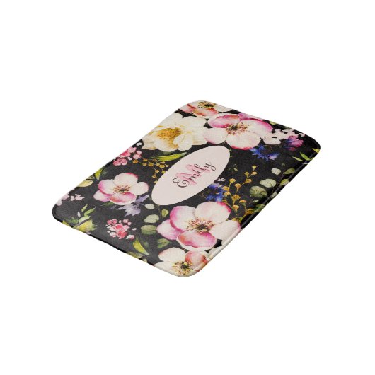 Waterverf Roze Gele Rozen op zwart, Monogram Badmat (Gekanteld)