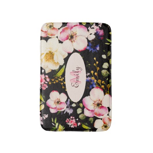 Waterverf Roze Gele Rozen op zwart, Monogram Badmat (Voorkant Verticaal)