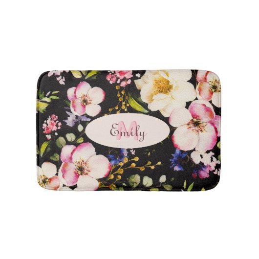 Waterverf Roze Gele Rozen op zwart, Monogram Badmat (Voorkant)