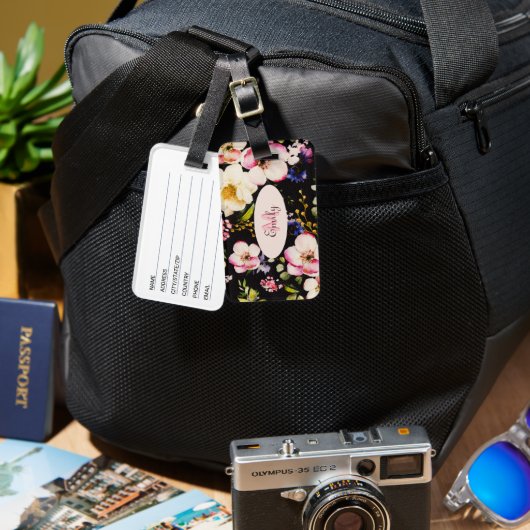 Waterverf Roze Gele Rozen op zwart, Monogram Bagagelabel (Voorkant /achterkant)