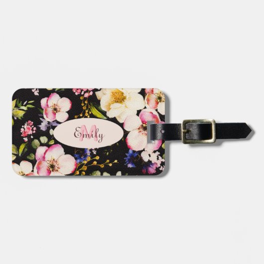 Waterverf Roze Gele Rozen op zwart, Monogram Bagagelabel (Voorkant horizontaal)