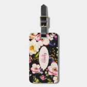 Waterverf Roze Gele Rozen op zwart, Monogram Bagagelabel (Voorkant verticaal)