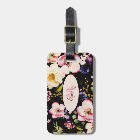 Waterverf Roze Gele Rozen op zwart, Monogram Bagagelabel (Voorkant verticaal)