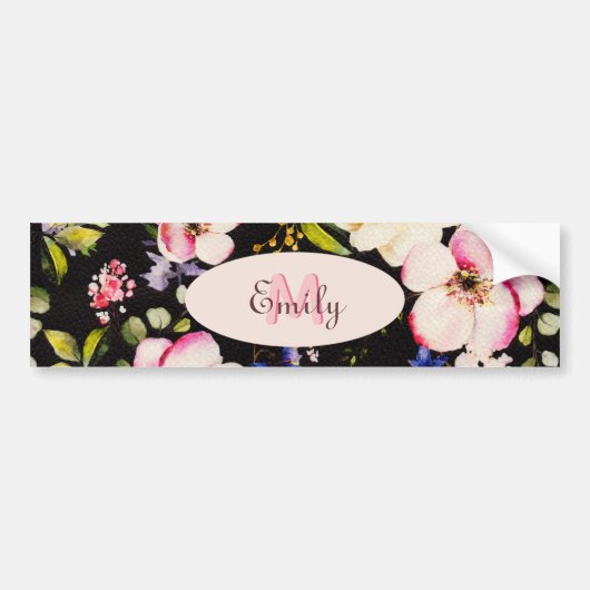 Waterverf Roze Gele Rozen op zwart, Monogram Bumpersticker (Voorkant)