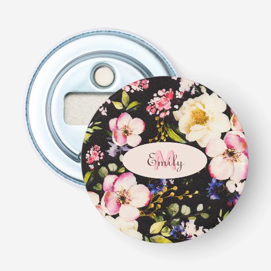Waterverf Roze Gele Rozen op zwart, Monogram Button Flesopener (Voorkant)