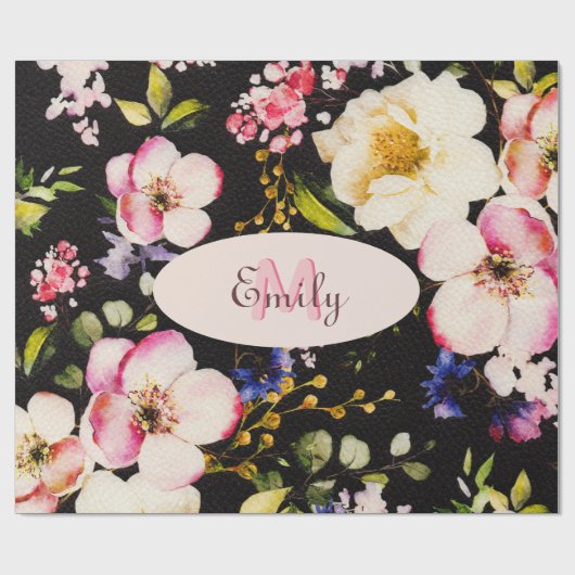 Waterverf Roze Gele Rozen op zwart, Monogram Cadeaupapier (Vlak)