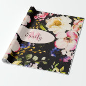 Waterverf Roze Gele Rozen op zwart, Monogram Cadeaupapier (Uitgerold)