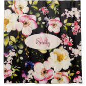 Waterverf Roze Gele Rozen op zwart, Monogram Douchegordijn (Voorkant)