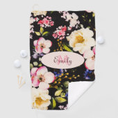 Waterverf Roze Gele Rozen op zwart, Monogram Golfhanddoek (Insitu)