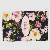 Waterverf Roze Gele Rozen op zwart, Monogram Golfhanddoek (Horizontaal)