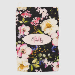 Waterverf Roze Gele Rozen op zwart, Monogram Golfhanddoek