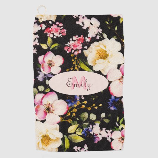 Waterverf Roze Gele Rozen op zwart, Monogram Golfhanddoek (Voorkant)