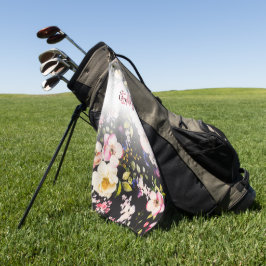 Waterverf Roze Gele Rozen op zwart, Monogram Golfhanddoek