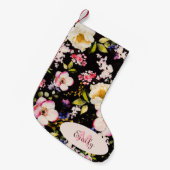 Waterverf Roze Gele Rozen op zwart, Monogram Kleine Kerstsok (Voorkant (Hangend))
