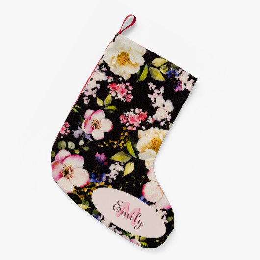 Waterverf Roze Gele Rozen op zwart, Monogram Kleine Kerstsok (Voorkant (Hangend))