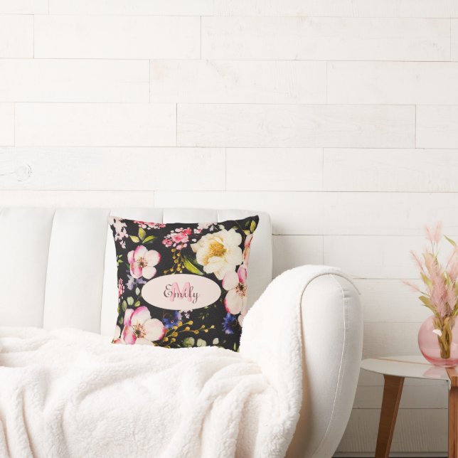 Waterverf Roze Gele Rozen op zwart, Monogram Kussen (Bank)