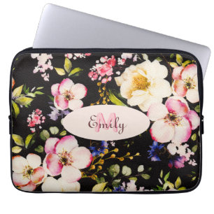 Waterverf Roze Gele Rozen op zwart, Monogram Laptop Sleeve