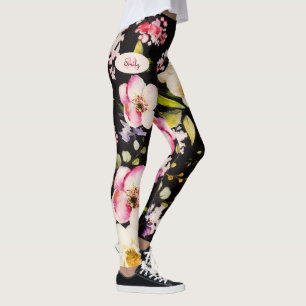 Waterverf Roze Gele Rozen op zwart, Monogram Leggings