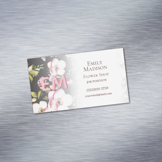 Waterverf Roze Gele Rozen op zwart, Monogram Magnetisch Visitekaartje (Voorbeeld)