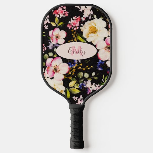Waterverf Roze Gele Rozen op zwart, Monogram Pickleball Paddle (Voorkant)
