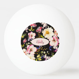 Waterverf Roze Gele Rozen op zwart, Monogram Pingpongbal