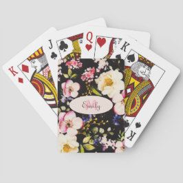 Waterverf Roze Gele Rozen op zwart, Monogram Pokerkaarten
