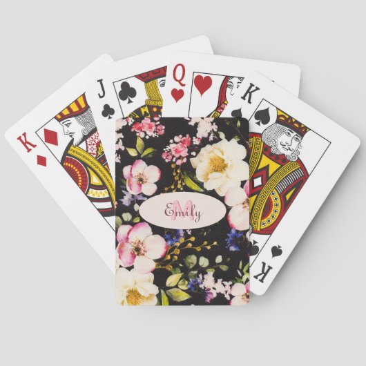 Waterverf Roze Gele Rozen op zwart, Monogram Pokerkaarten (Achterkant)