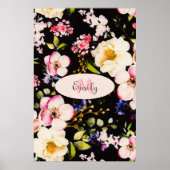Waterverf Roze Gele Rozen op zwart, Monogram Poster (Voorkant)