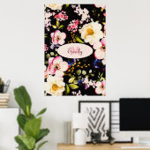 Waterverf Roze Gele Rozen op zwart, Monogram Poster (Thuiskantoor)