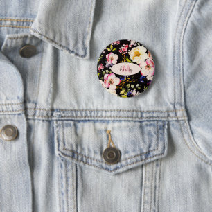 Waterverf Roze Gele Rozen op zwart, Monogram Ronde Button 5,7 Cm