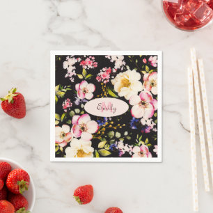 Waterverf Roze Gele Rozen op zwart, Monogram Servet