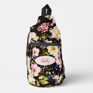 Waterverf Roze Gele Rozen op zwart, Monogram Sling Bag