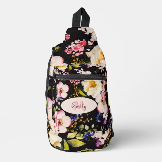 Waterverf Roze Gele Rozen op zwart, Monogram Sling Bag (Voorkant)