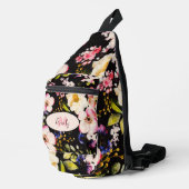 Waterverf Roze Gele Rozen op zwart, Monogram Sling Bag (Rechterhoek)