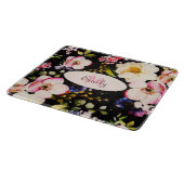 Waterverf Roze Gele Rozen op zwart, Monogram Snijplank (Hoek)