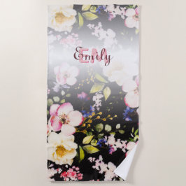 Waterverf Roze Gele Rozen op zwart, Monogram Strandlaken