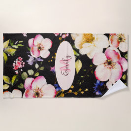 Waterverf Roze Gele Rozen op zwart, Monogram Strandlaken