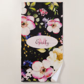 Waterverf Roze Gele Rozen op zwart, Monogram Strandlaken (Voorkant)