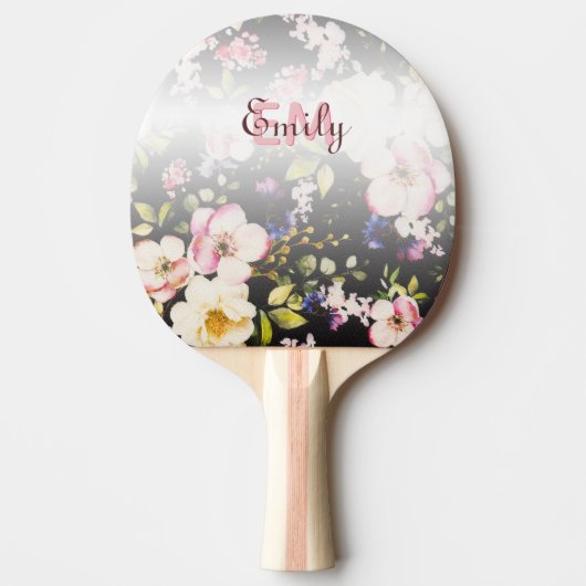Waterverf Roze Gele Rozen op zwart, Monogram Tafeltennisbatje (Voorkant)