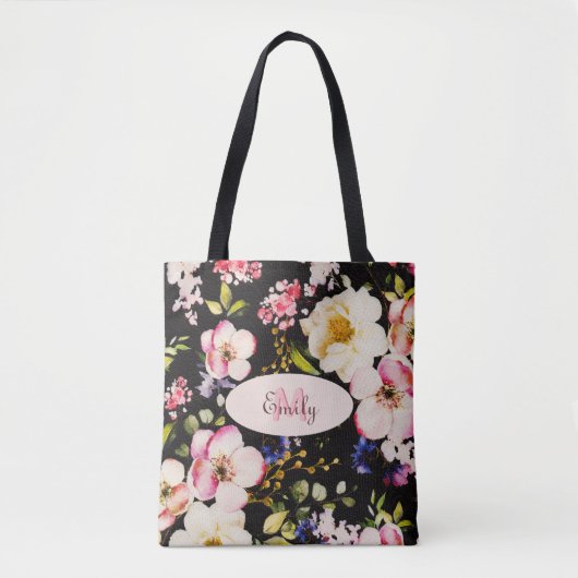 Waterverf Roze Gele Rozen op zwart, Monogram Tote Bag (Voorkant)