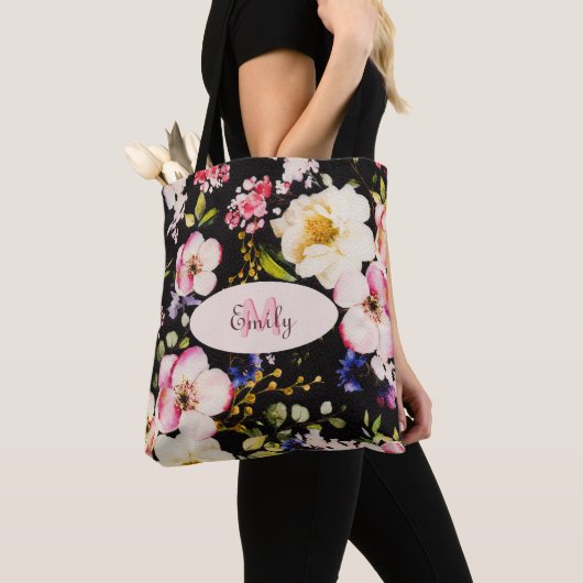 Waterverf Roze Gele Rozen op zwart, Monogram Tote Bag (Dichtbij)