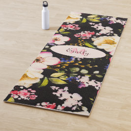 Waterverf Roze Gele Rozen op zwart, Monogram Yogamat